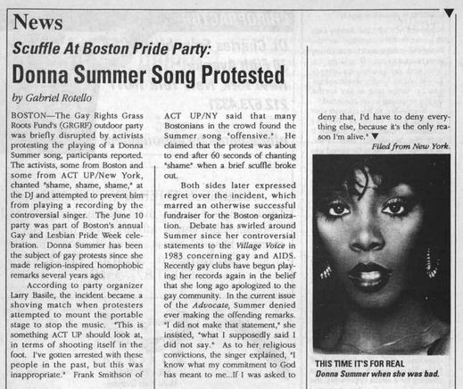Outweek story on Donna Summer and ACT UP